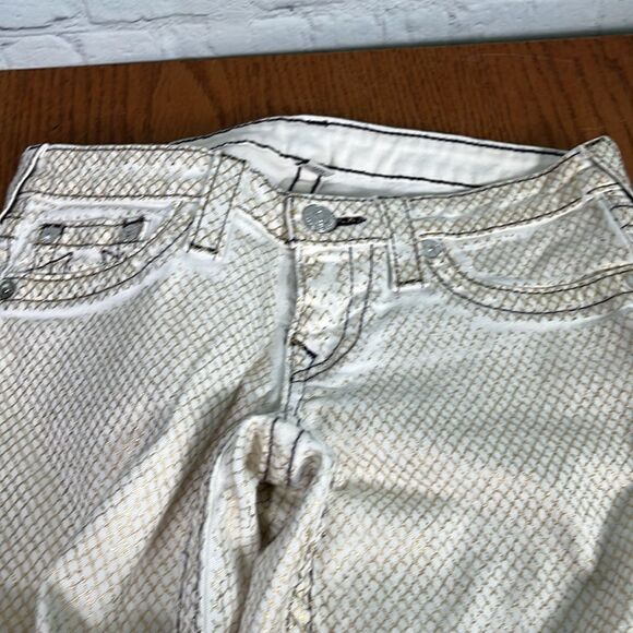 TRUE RELIGION Mid Rise  Skinny Off White w/sparkly gold pattern sz 27 - Picture 3 of 7